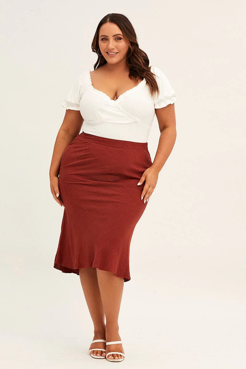 Orange Elastic Waist Bias Terracotta Linen Blend Skirt - Image 3