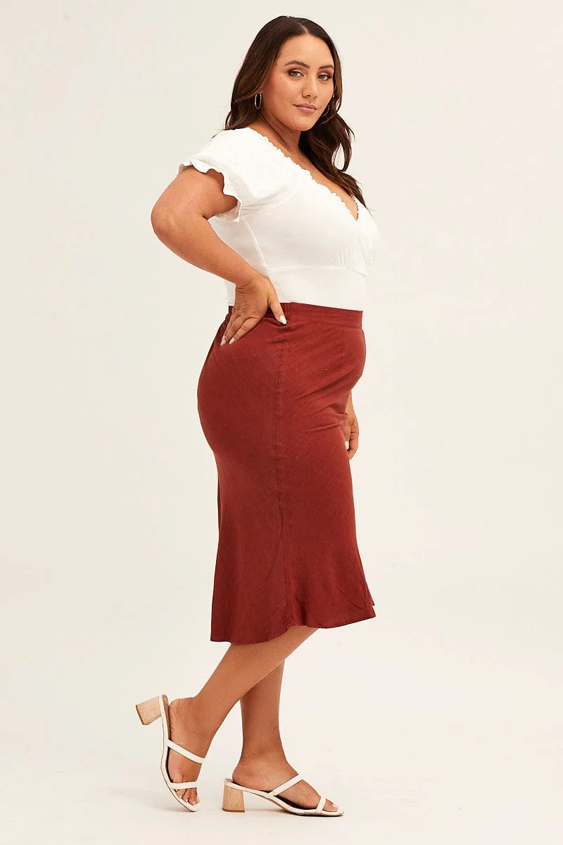 Orange Elastic Waist Bias Terracotta Linen Blend Skirt - Image 4