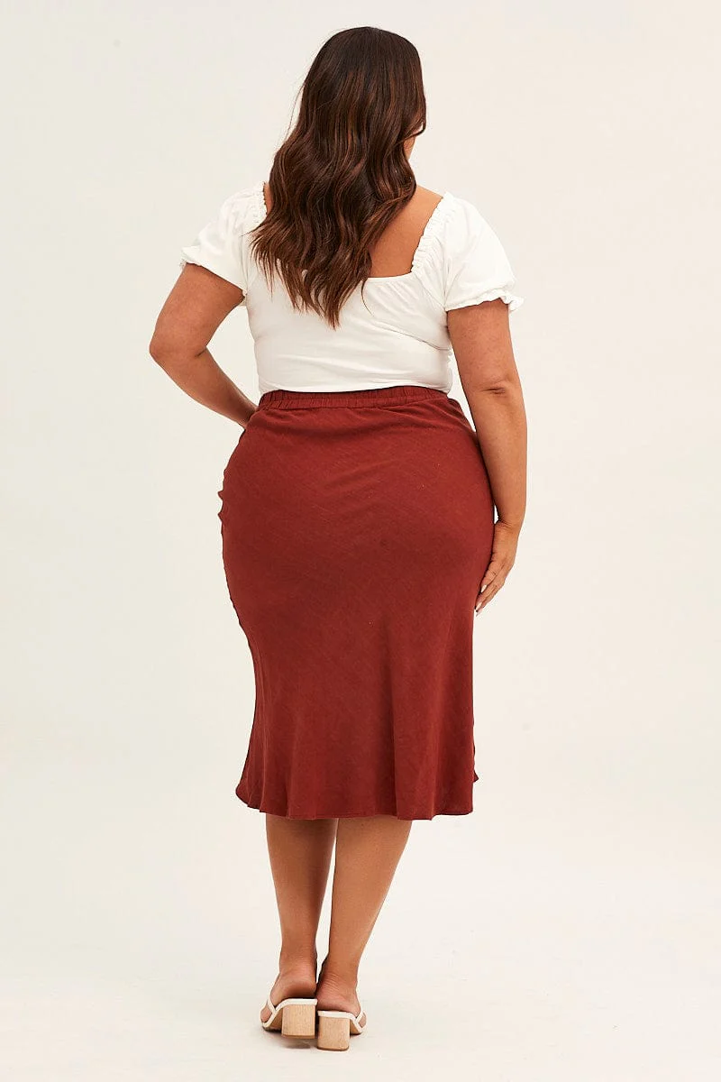 Orange Elastic Waist Bias Terracotta Linen Blend Skirt - Image 5