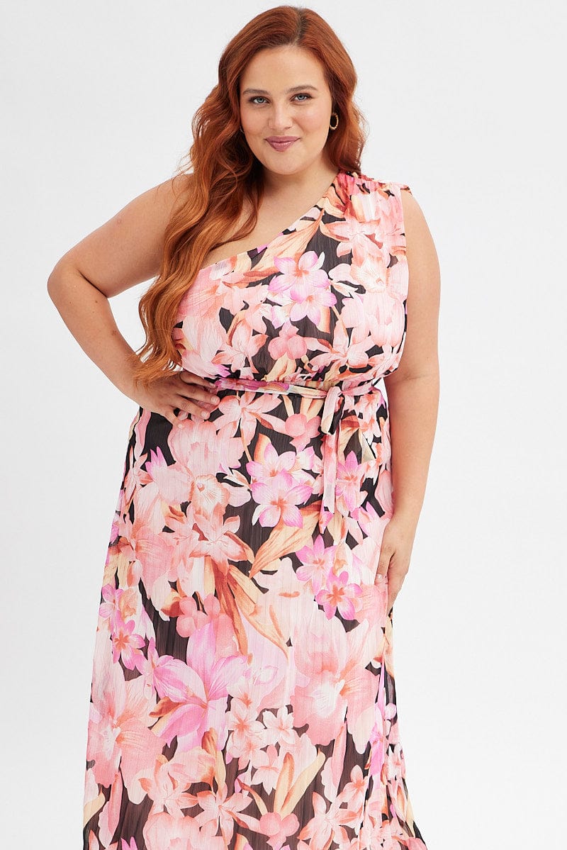 Orange Floral Midi Dress One Shoulder - Image 2