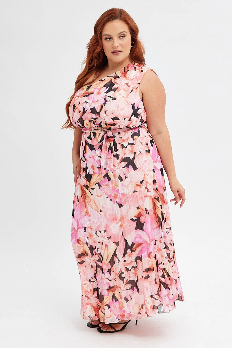 Orange Floral Midi Dress One Shoulder - Image 4