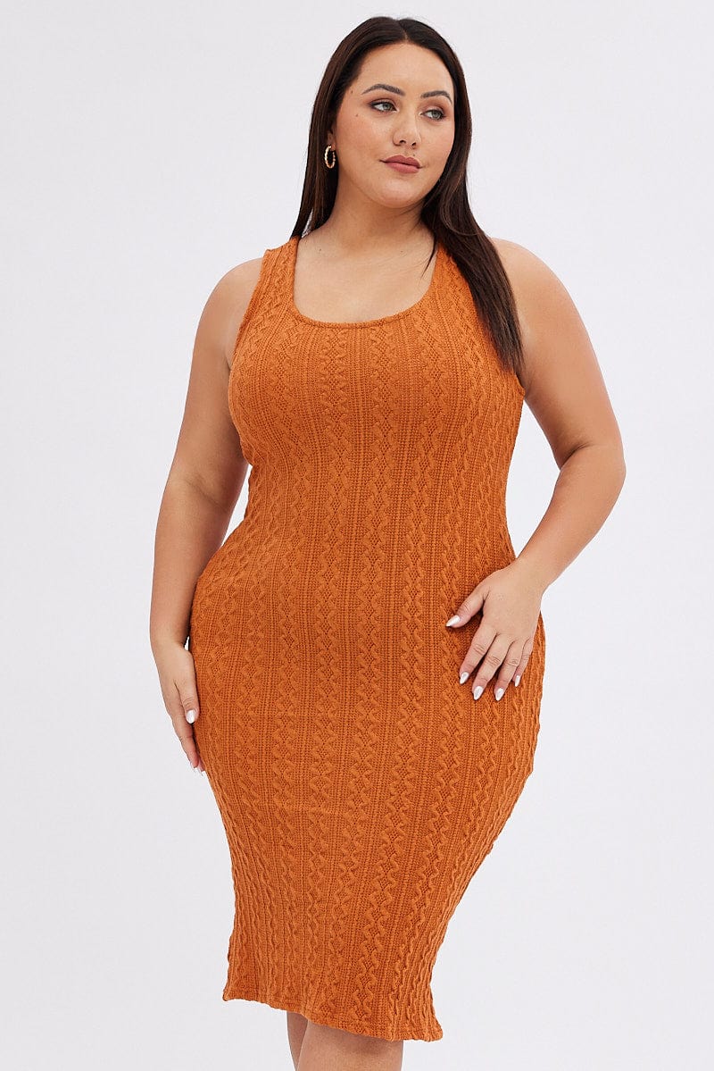 Orange Midi Dress Cable Look Knit - Image 3