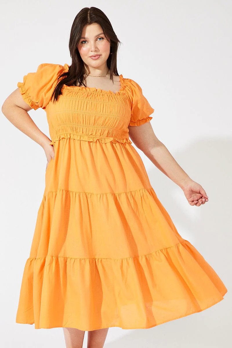Orange Midi Dress Short Sleeve Shirred - Image 2
