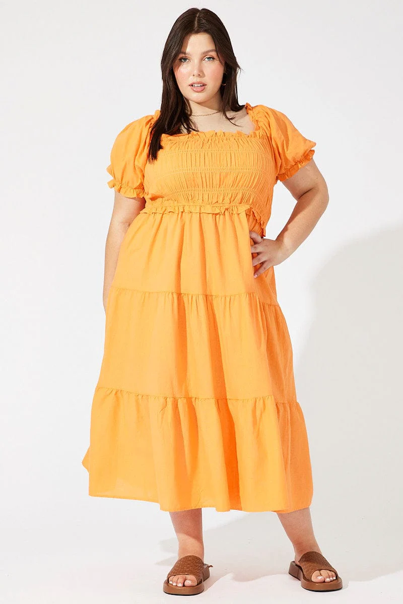 Orange Midi Dress Short Sleeve Shirred - Image 3