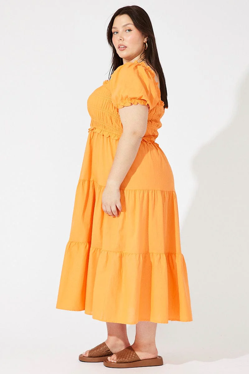 Orange Midi Dress Short Sleeve Shirred - Image 4