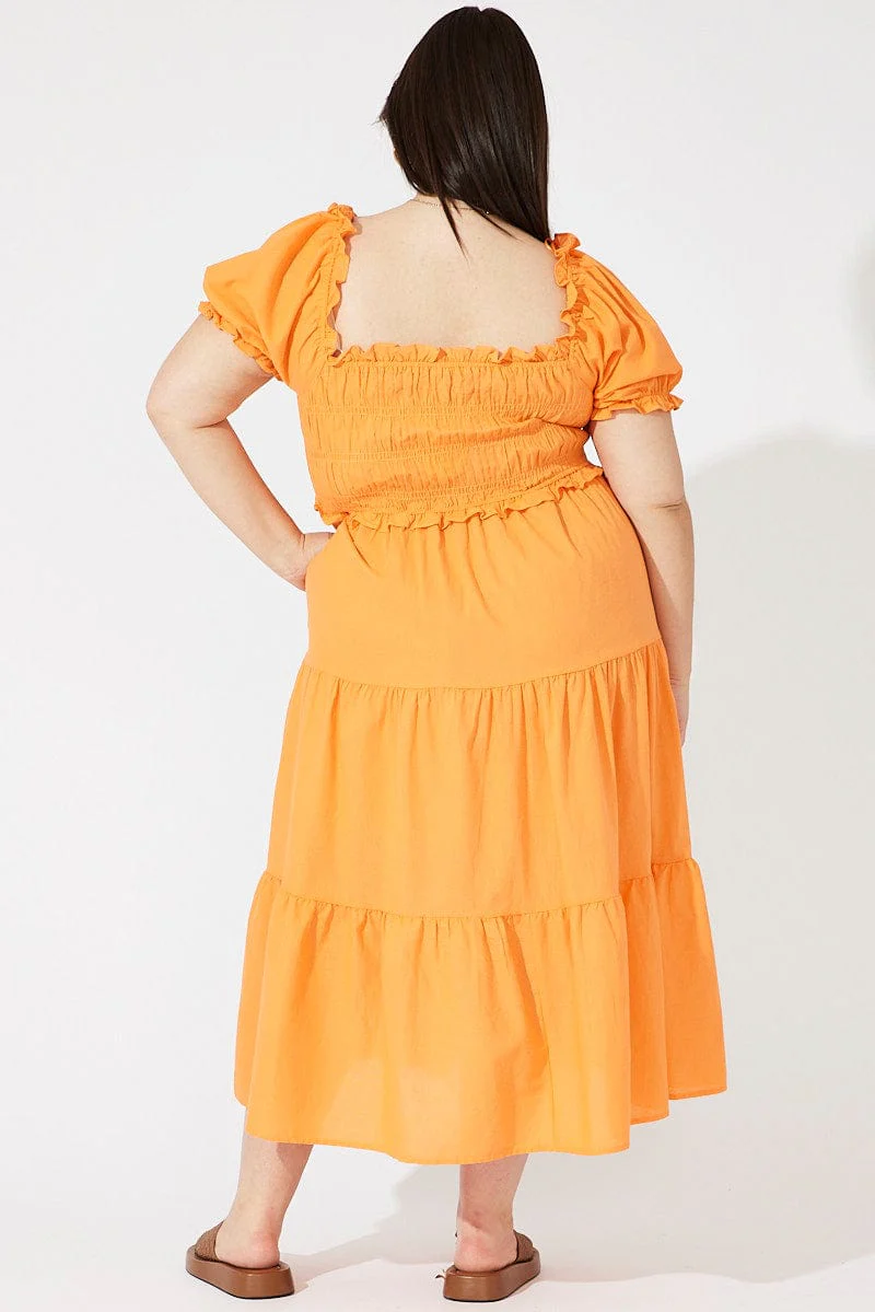 Orange Midi Dress Short Sleeve Shirred - Image 5