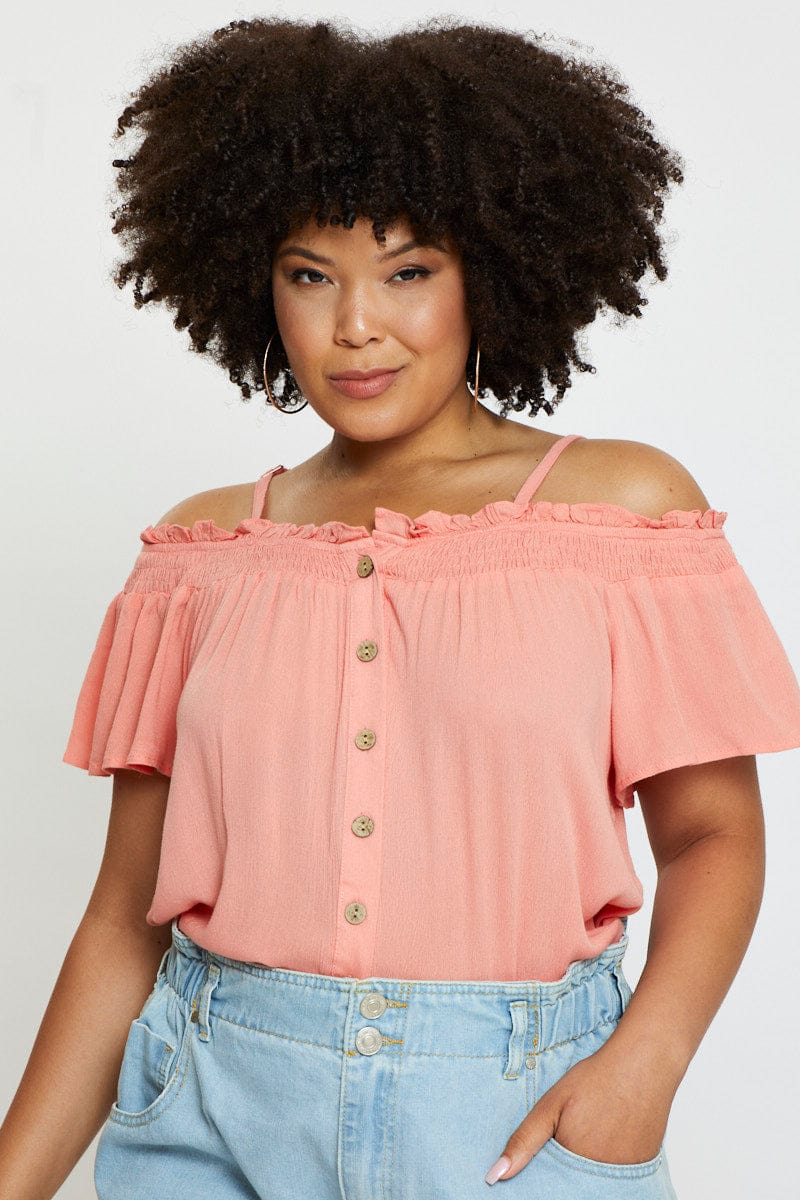 Orange Off Shoulder Top Peach Short Sleeve Button Front - Image 3
