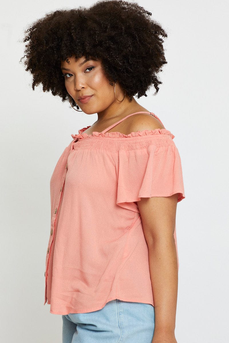Orange Off Shoulder Top Peach Short Sleeve Button Front - Image 4