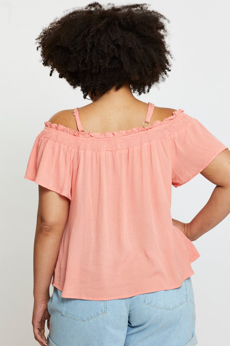 Orange Off Shoulder Top Peach Short Sleeve Button Front - Image 5