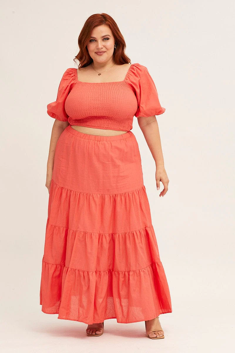 Orange Orange Linen Blend Shirred Semi Crop Top - Image 2