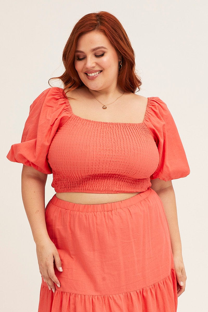 Orange Orange Linen Blend Shirred Semi Crop Top - Image 3