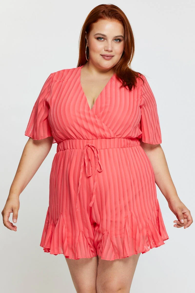 Orange Playsuit V-neck Short Sleeve Ruffle Hem