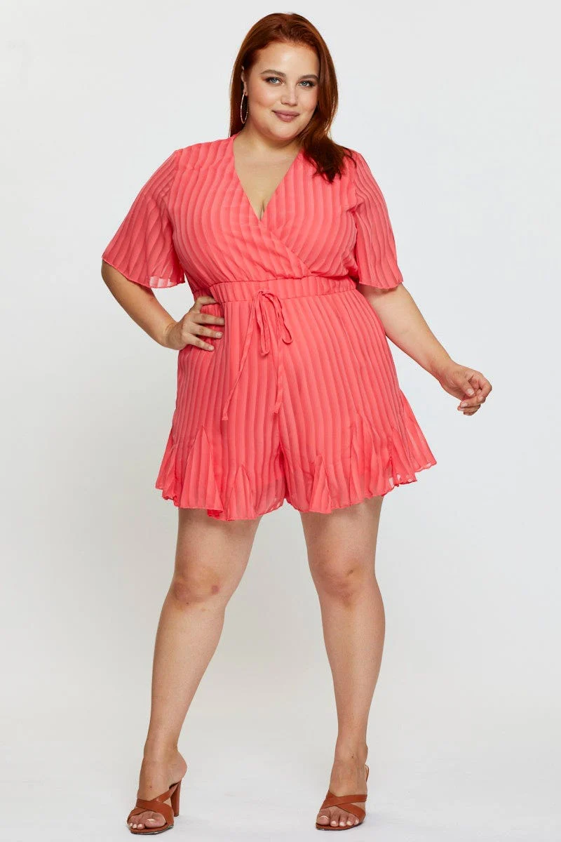 Orange Playsuit V-neck Short Sleeve Ruffle Hem - Image 2