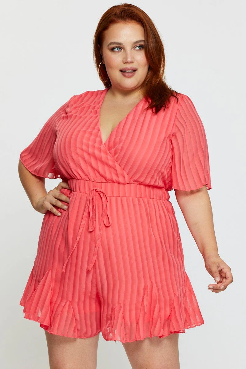 Orange Playsuit V-neck Short Sleeve Ruffle Hem - Image 3
