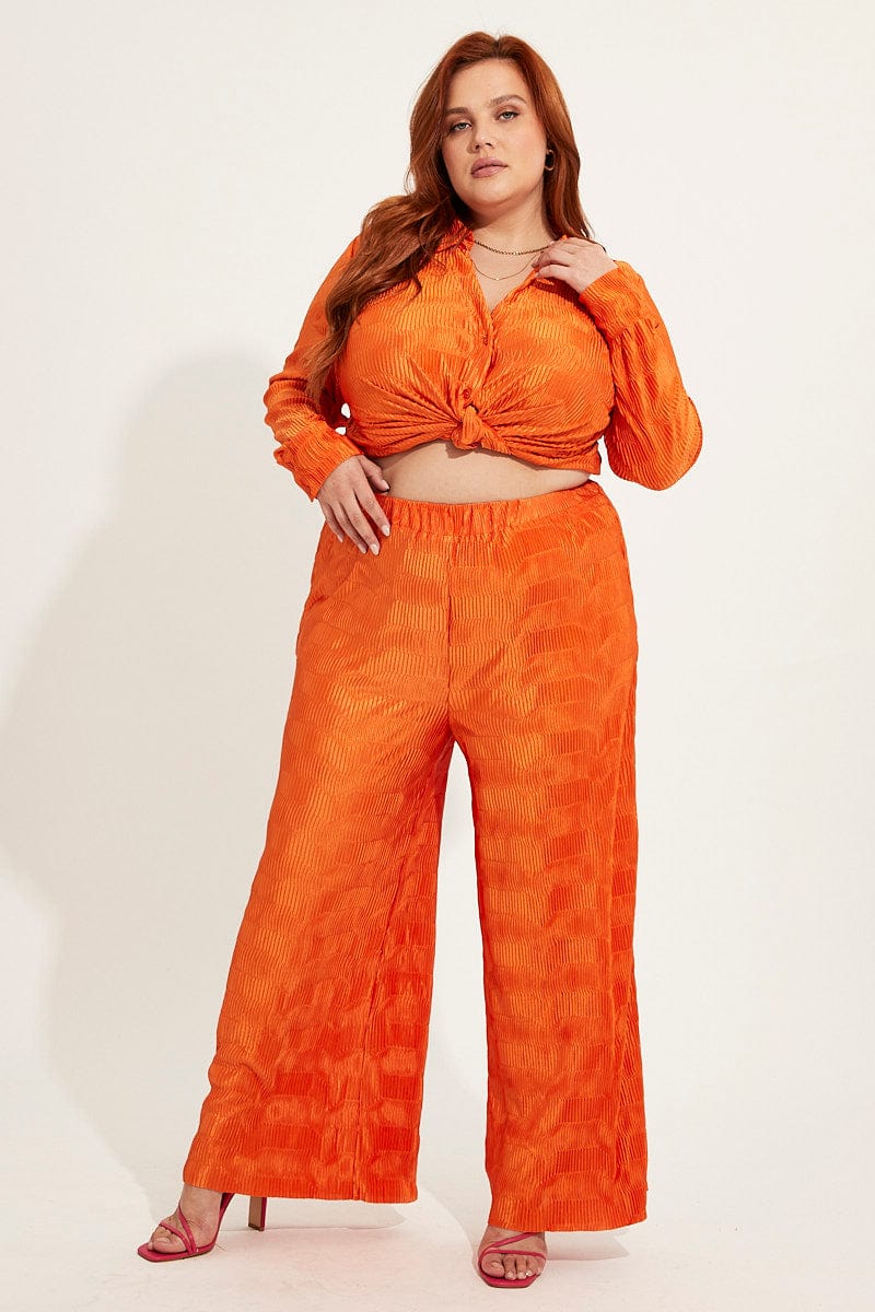 Orange Plisse Pants Wide Leg High Rise - Image 3
