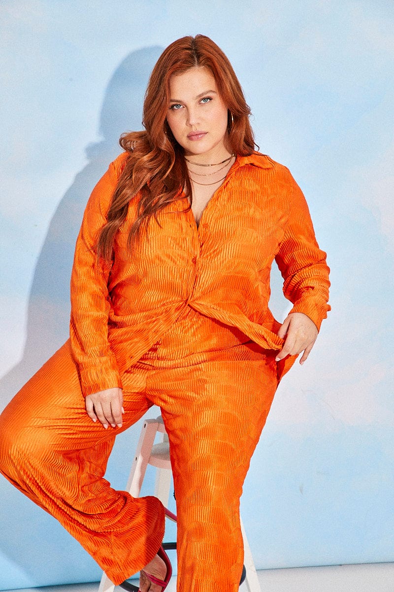 Orange Plisse Shirt Long Sleeve