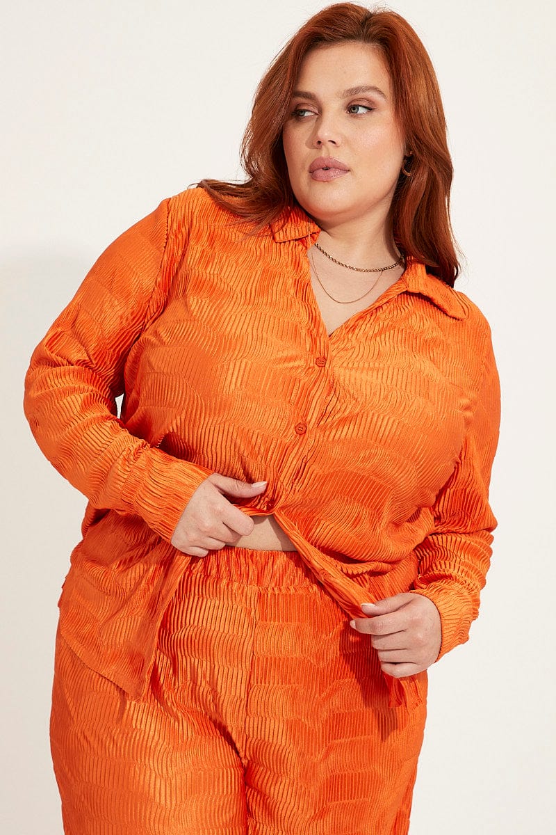 Orange Plisse Shirt Long Sleeve - Image 3