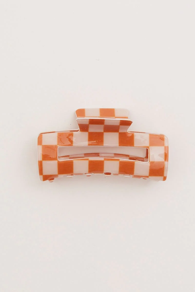 Orange Rectangle Check Print Claw Clip
