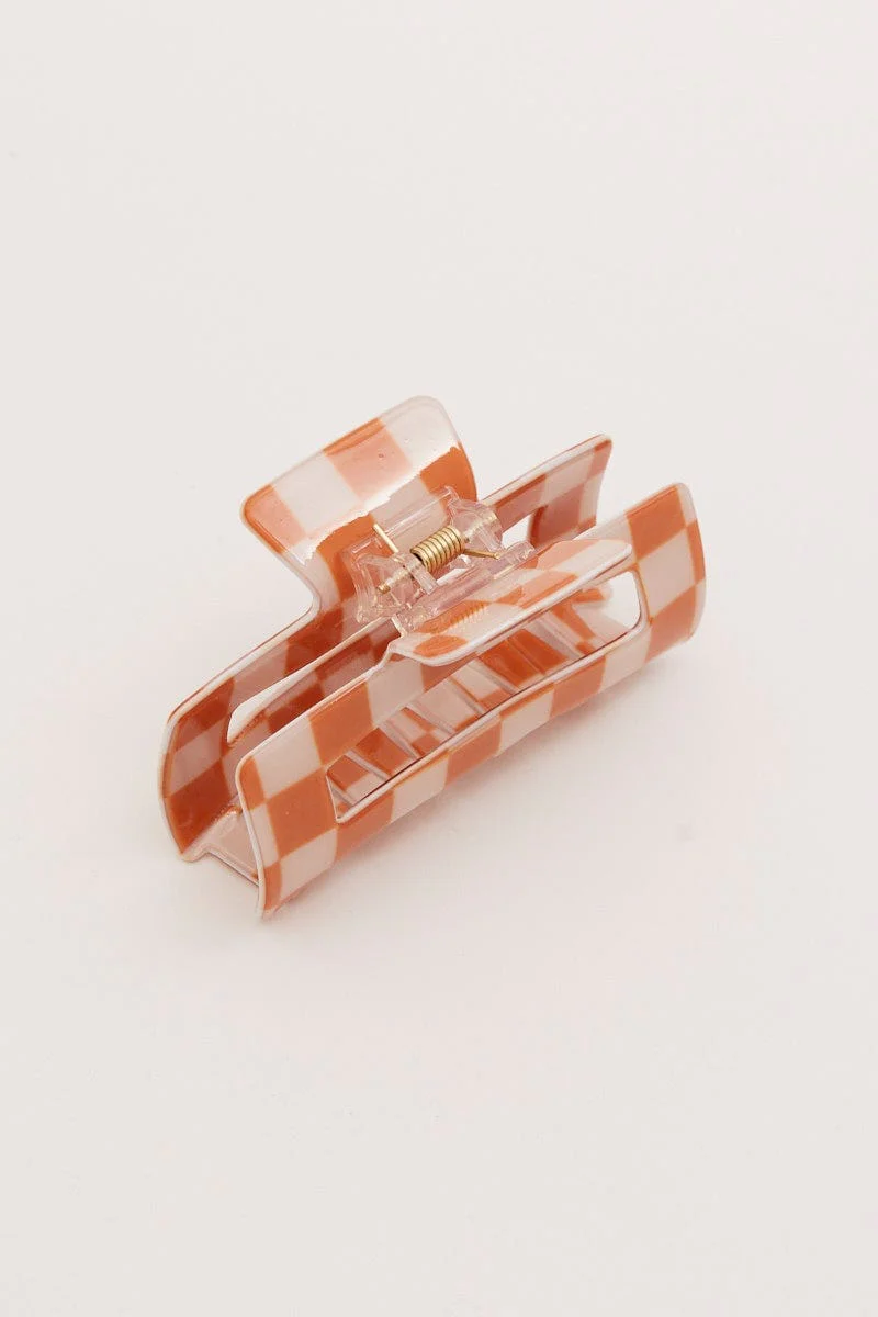 Orange Rectangle Check Print Claw Clip - Image 2