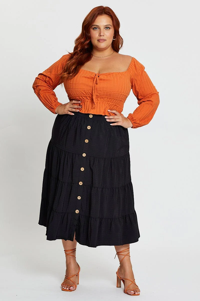 Orange Ruched Top Tie Front Square Neck Long Sleeve Rib - Image 2