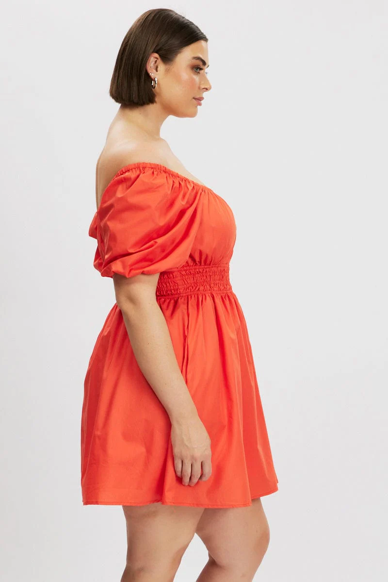 Orange Shirred Waist Cotton Blend Pocket Minidress - Image 4
