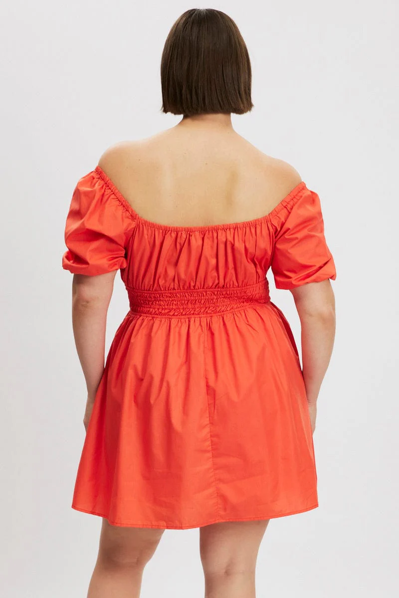 Orange Shirred Waist Cotton Blend Pocket Minidress - Image 5