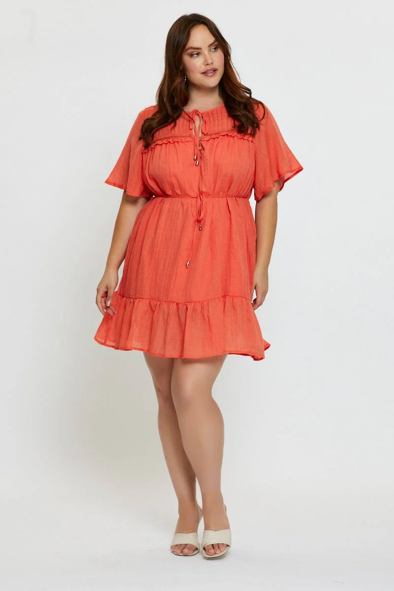 Orange Skater Dress Round Neck Short Sleeve Tie Front - Image 2