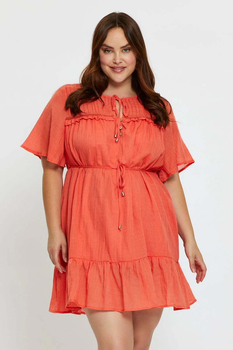 Orange Skater Dress Round Neck Short Sleeve Tie Front - Image 3