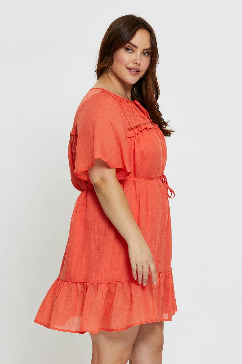 Orange Skater Dress Round Neck Short Sleeve Tie Front - Image 4