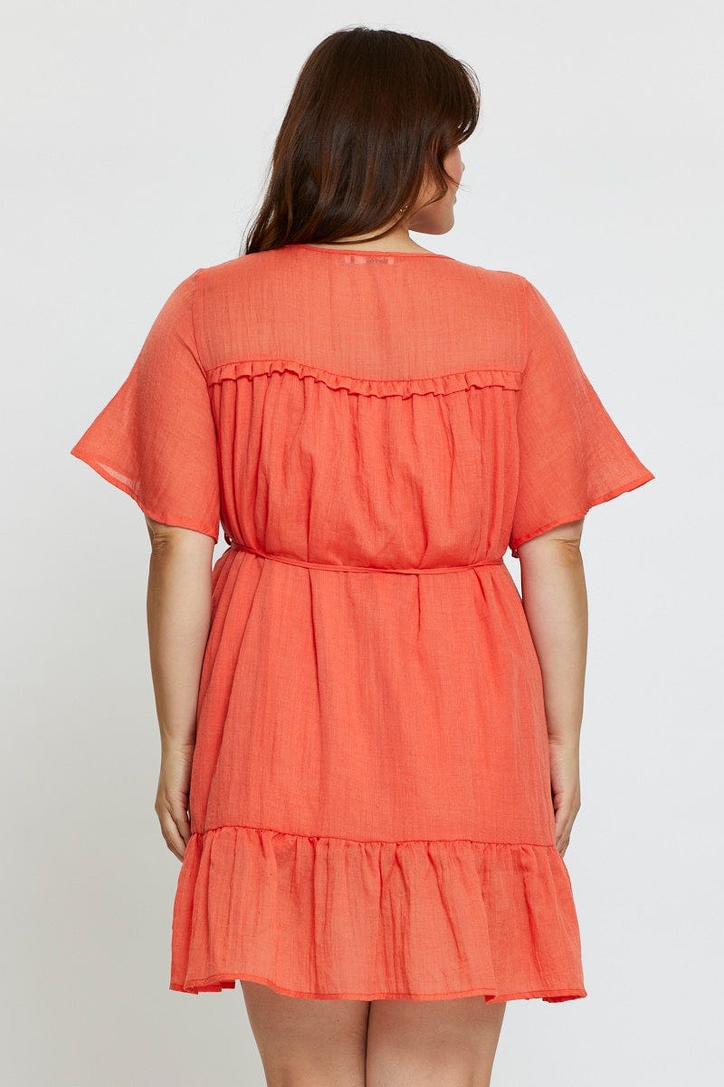 Orange Skater Dress Round Neck Short Sleeve Tie Front - Image 5