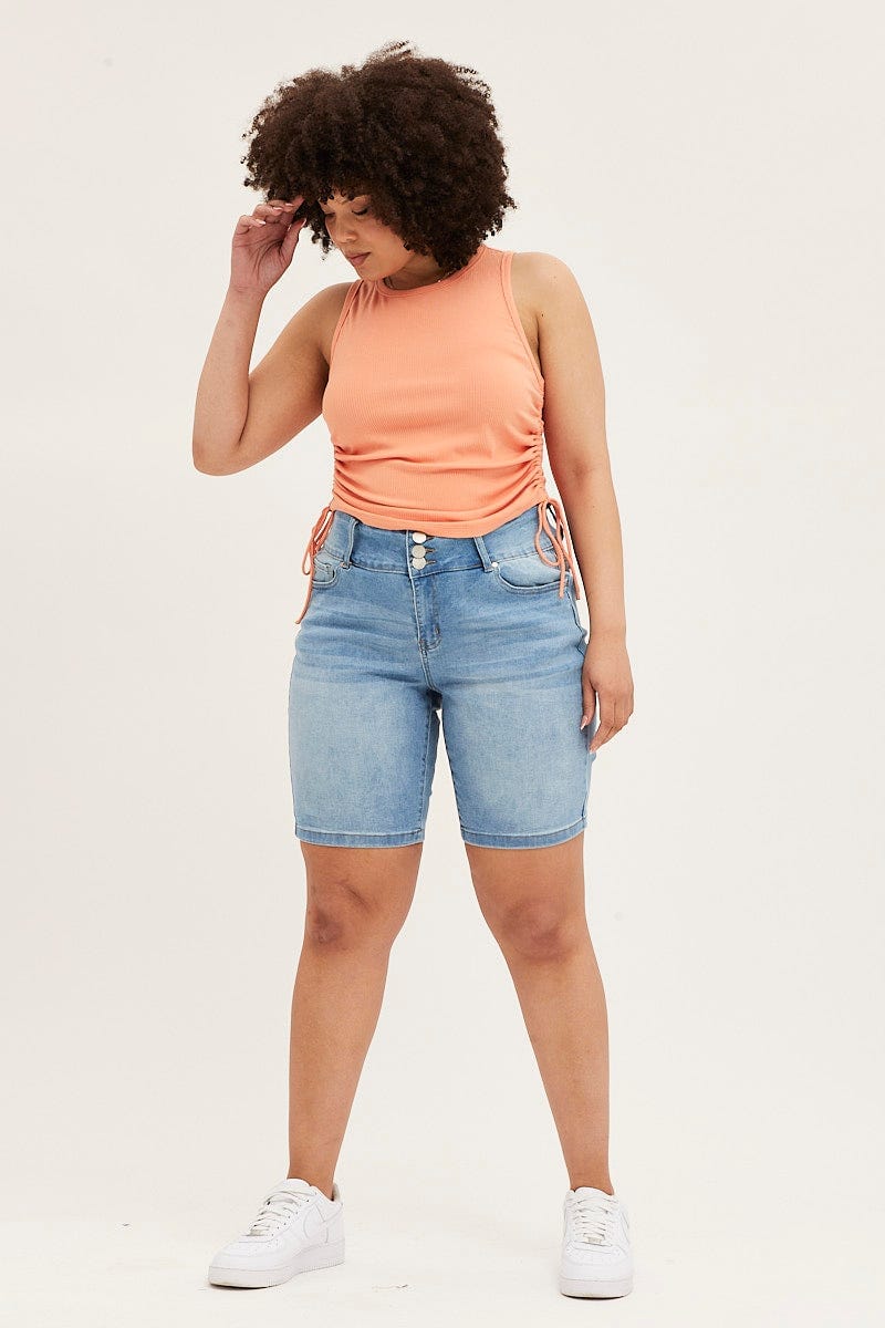 Orange Sleeveless Rib Jersey Drawstring Top - Image 2