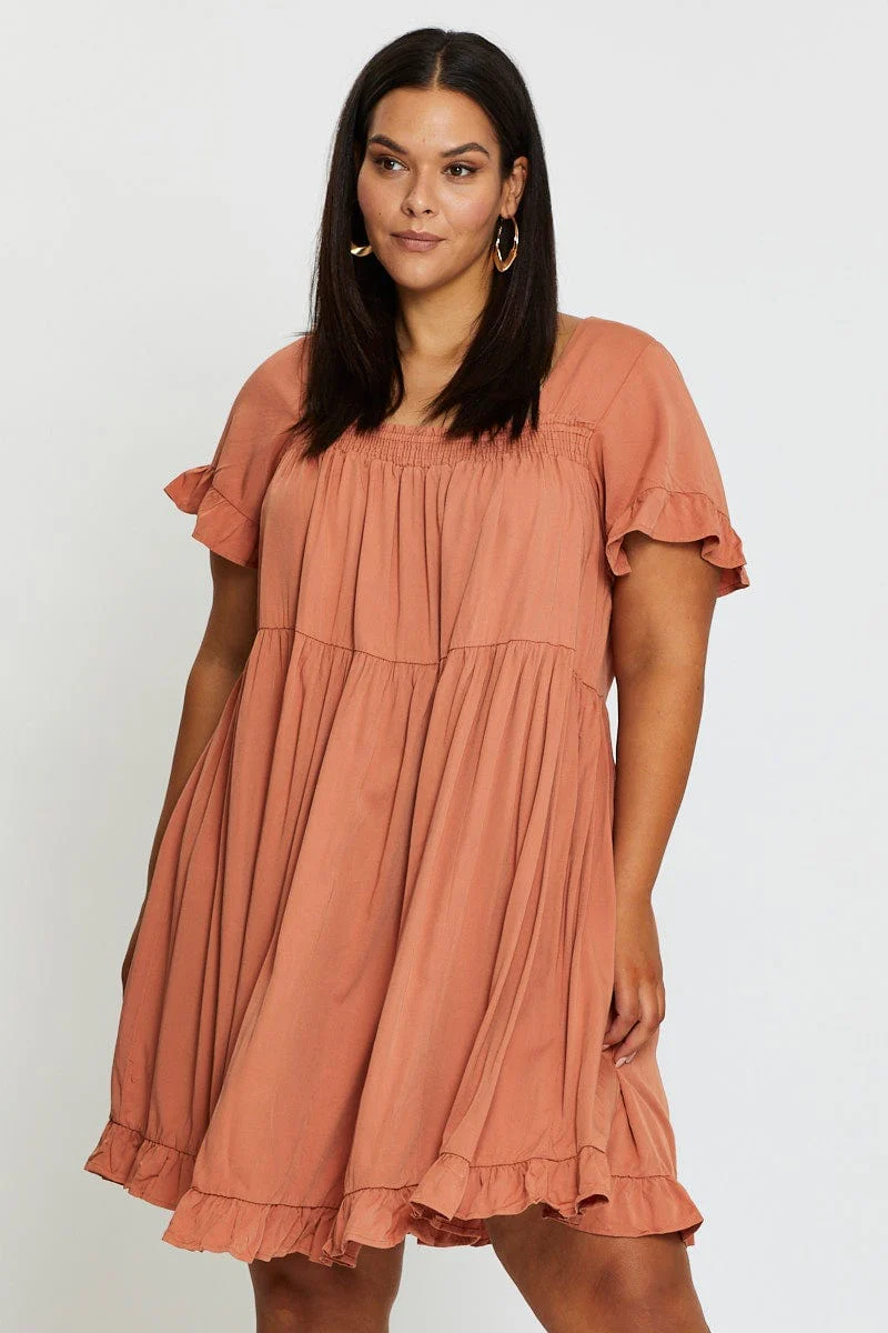 Orange Smock Dress Square Neck Short Sleeve Ruffle - Image 3