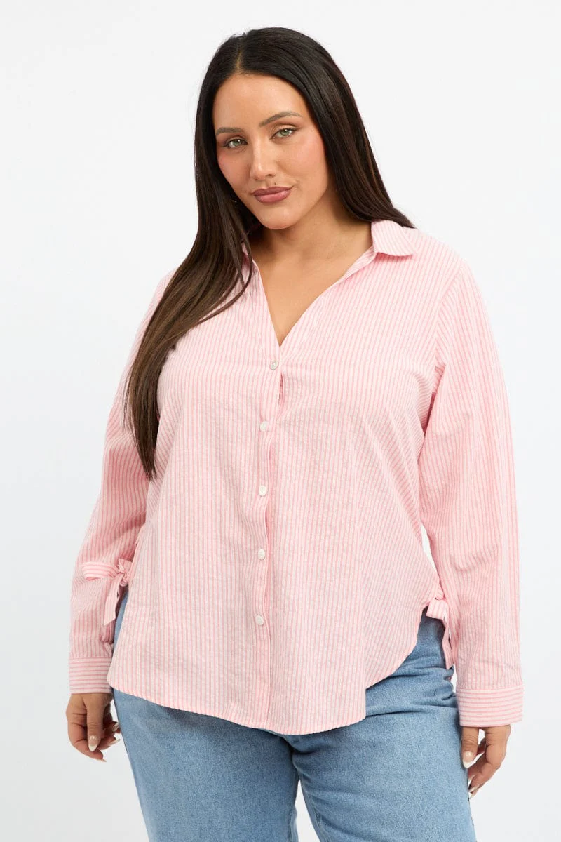 Orange Stripe Relaxed Shirt Long Sleeve Side Ribbon