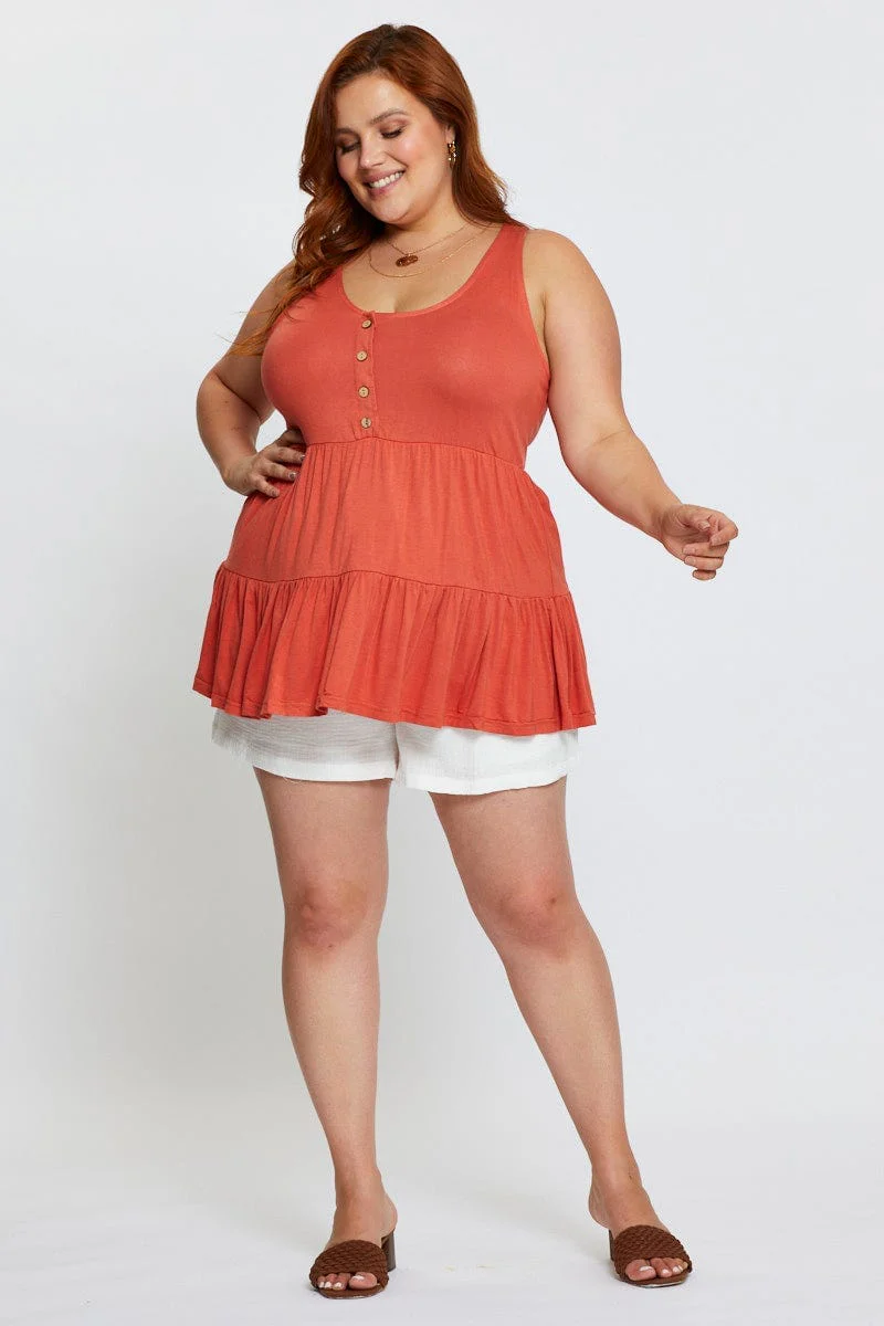 Orange Tank Top Peplum Scoop Neck Jersey Button Front - Image 2