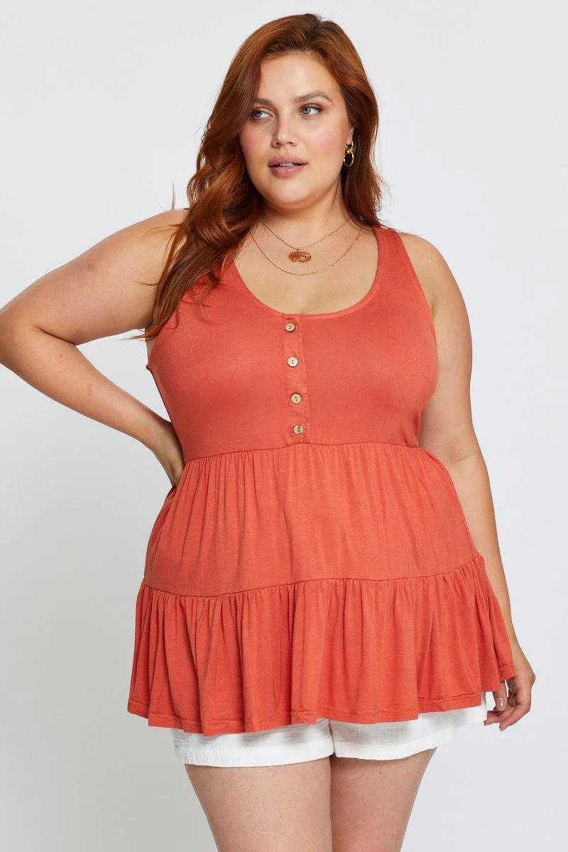 Orange Tank Top Peplum Scoop Neck Jersey Button Front - Image 3