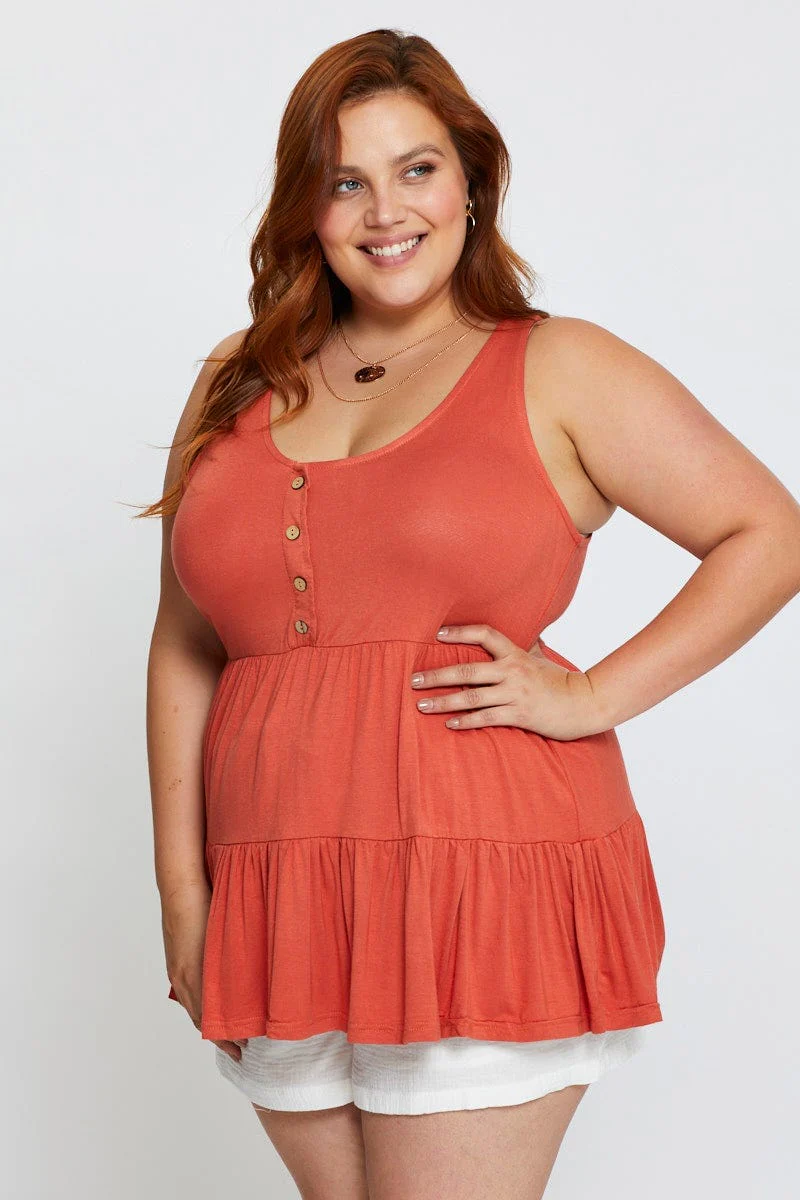 Orange Tank Top Peplum Scoop Neck Jersey Button Front - Image 4