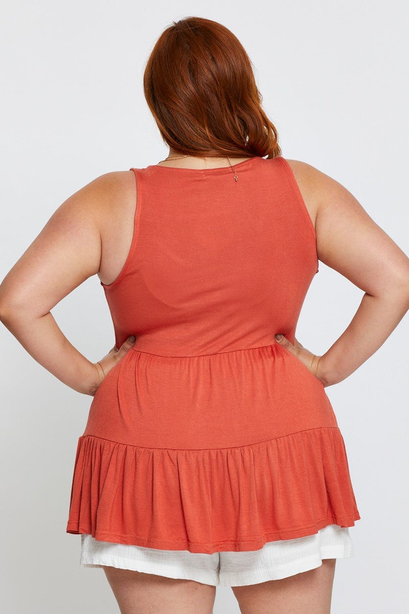 Orange Tank Top Peplum Scoop Neck Jersey Button Front - Image 5