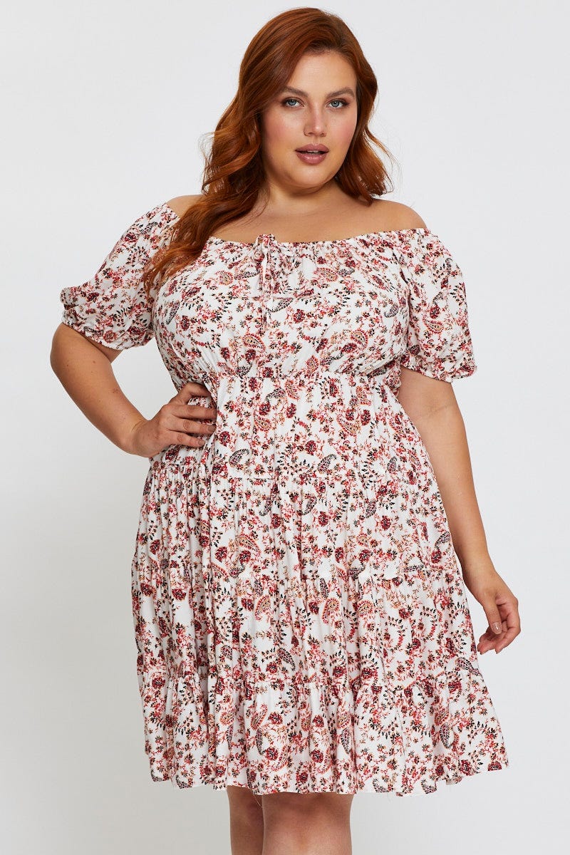 Paisley Pr Skater Dress Off Shoulder Short Sleeve - Image 3
