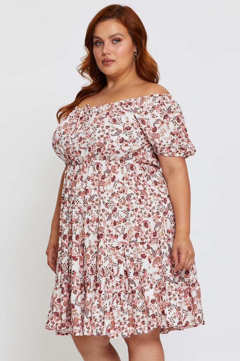 Paisley Pr Skater Dress Off Shoulder Short Sleeve - Image 4