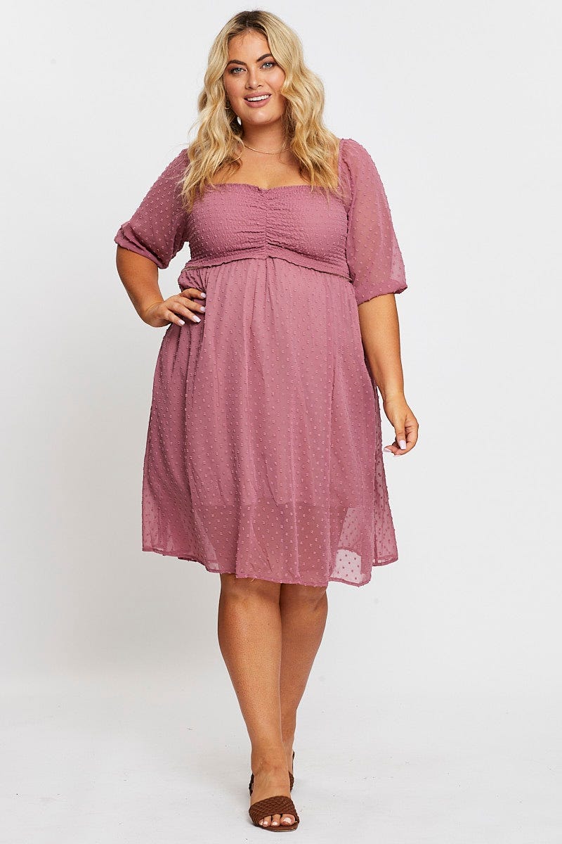 Pink 3/4 Sleeve Chiffon Flocked Midi Dress - Image 2