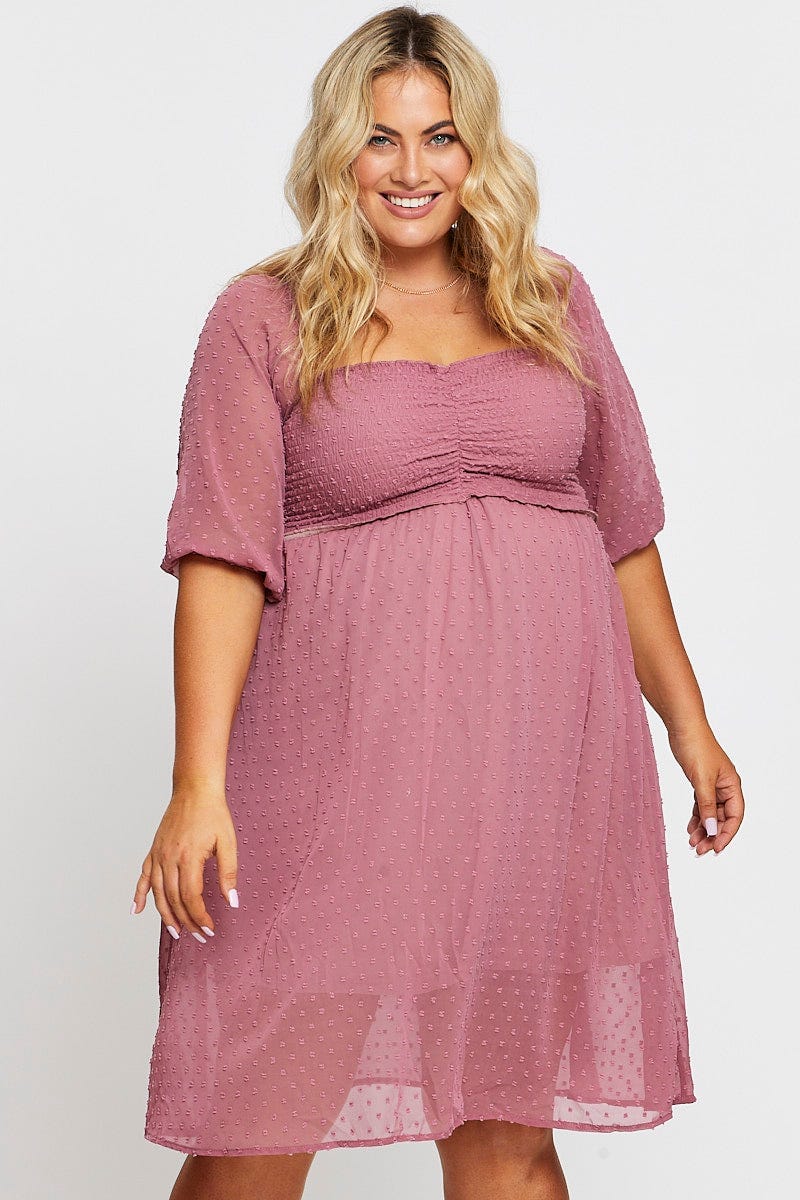 Pink 3/4 Sleeve Chiffon Flocked Midi Dress - Image 3