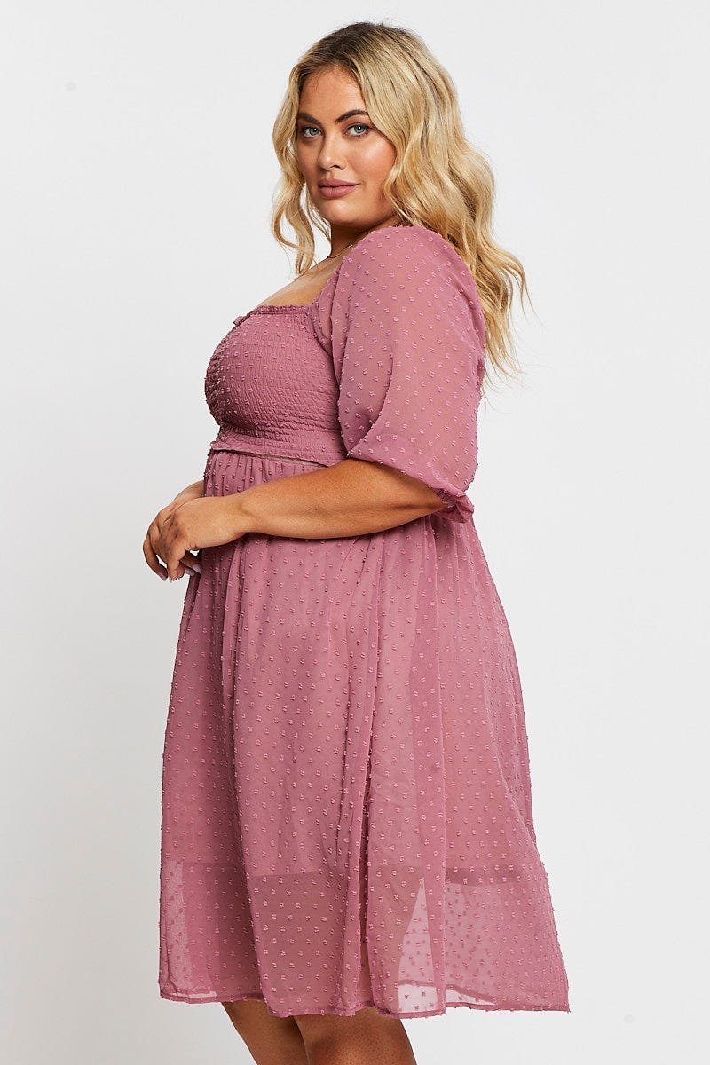 Pink 3/4 Sleeve Chiffon Flocked Midi Dress - Image 4