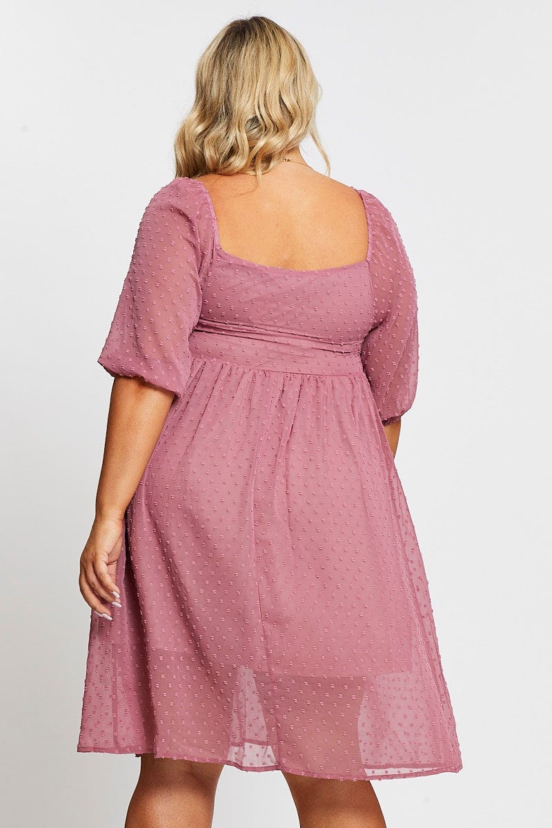 Pink 3/4 Sleeve Chiffon Flocked Midi Dress - Image 5