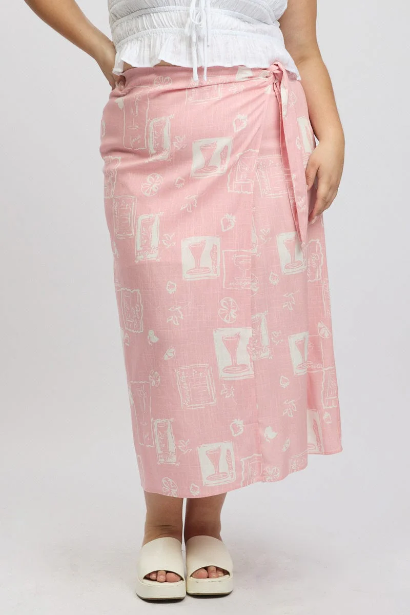 Pink Abstract Faux Wrap Linen Blend Midi Skirt - Image 2