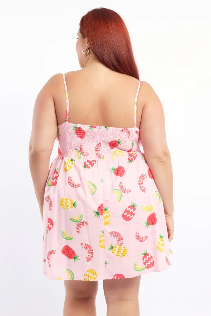 Pink Abstract Fruit Print Drop Waist Minidress - Image 4