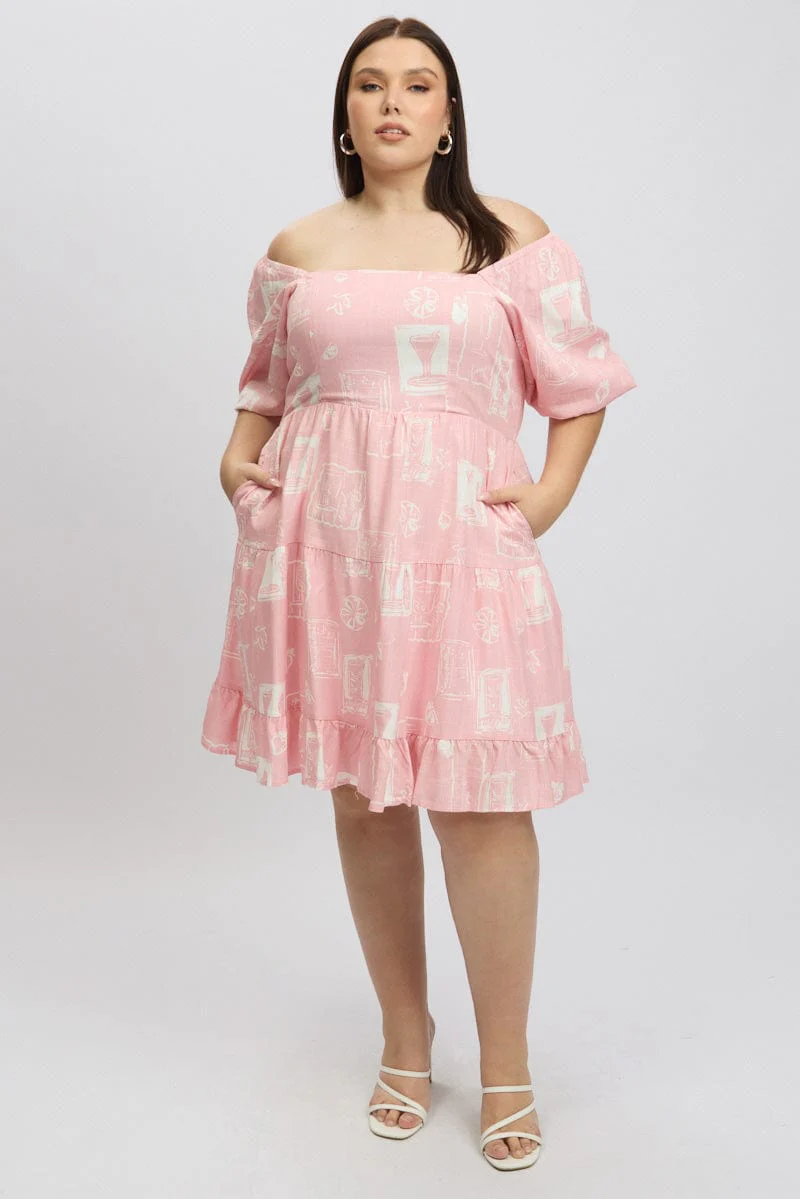 Pink Abstract Sweetheart Neck Puff Sleeve Minidress - Image 2