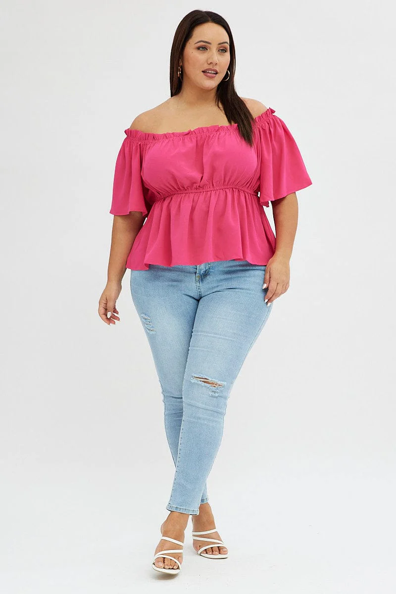 Pink Bardot Top Short Sleeve Off Shoulder - Image 2