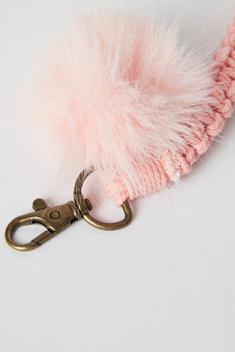 Pink Braided Wristband Keychain Pom Pom - Image 2