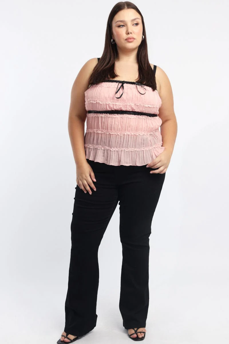 Pink Cami Top Textured Contrast Ribbon - Image 2