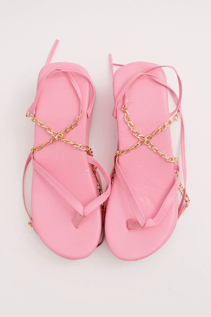 Pink Chain Decor Tie Leg Toe Post Wedge Thong Sandals - Image 2